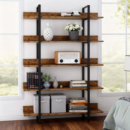 Boekenkast – Boekenrek – Vakkenkast – Opbergkast – Wandkast – Industrieel Design – 5 Laags – Metalen Frame & Houten Planken – 105x33,5x180 cm – Draagkracht 30 kg per Plank