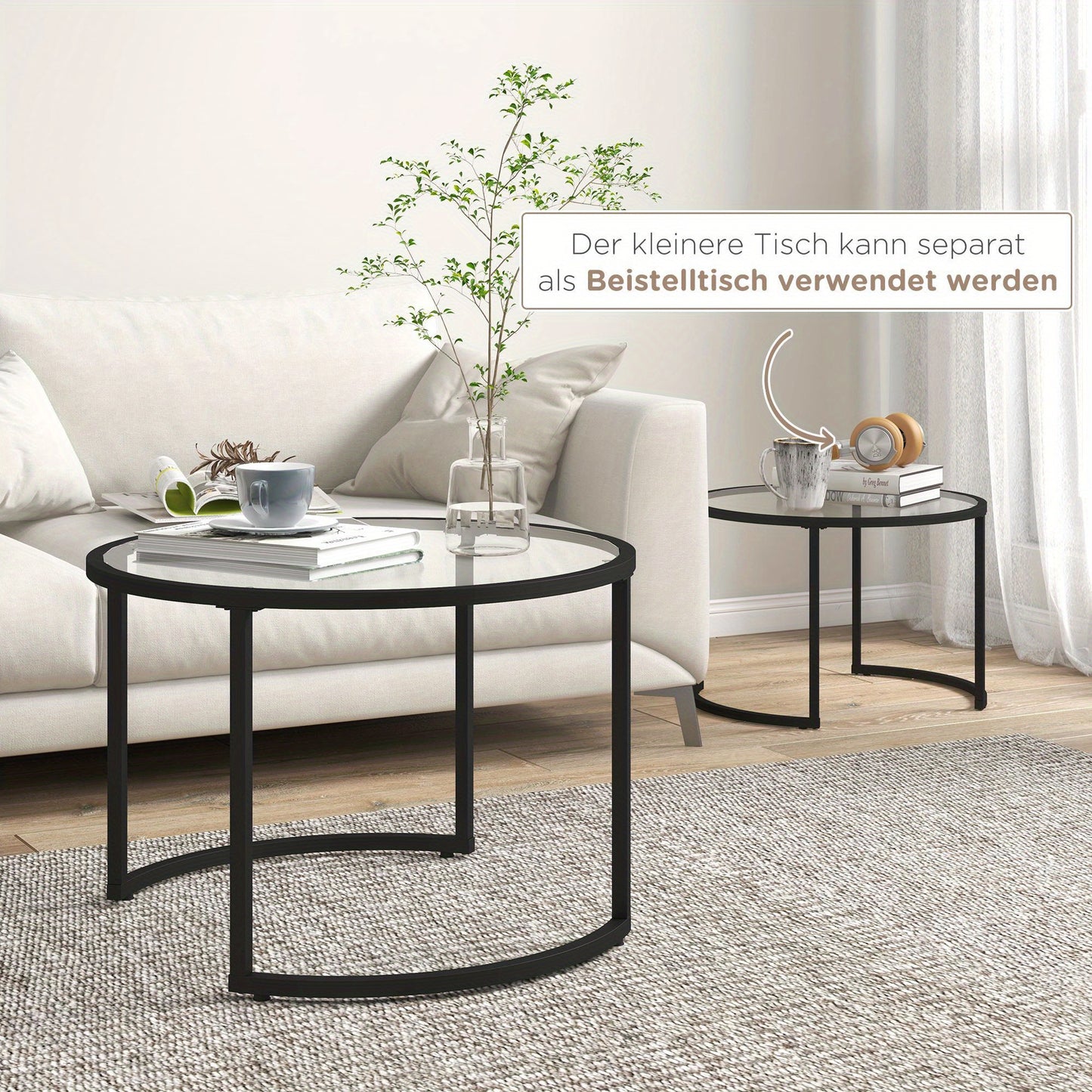 Bijzettafel Set – Salontafel – Side Table – Cocktailtafel – Tafeltje – Zwart Stalen Frame – Gehard Glasblad – Deels Stapelbaar – Voor Woonkamer & Lounge
