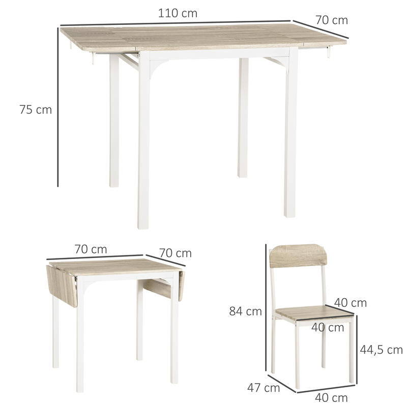 Inklapbare Eettafel – Opvouwbare Tafel – Klaptafel – Eetset 2 Personen – Met 2 Stoelen – Duurzaam Metaal & Hout – Compact 110x70x75 cm – Wit & Natuurlijk