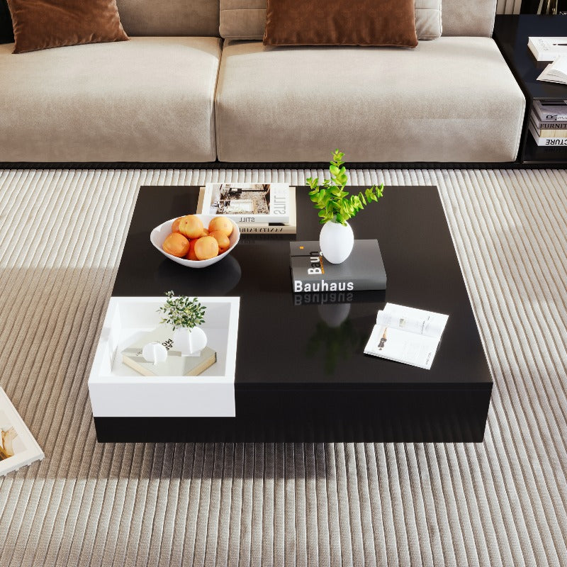 Salontafel – Koffietafel – Tafel – Woonkamertafel – Hoogglans Tafel – Verwijderbare Opbergbox – Ingebouwde Verlichting – 72x72x30 cm – Zwart/Wit