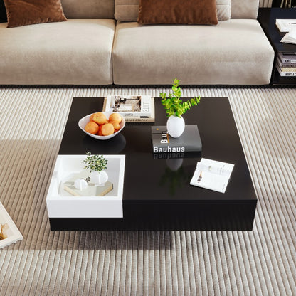 Salontafel – Koffietafel – Tafel – Woonkamertafel – Hoogglans Tafel – Verwijderbare Opbergbox – Ingebouwde Verlichting – 72x72x30 cm – Zwart/Wit