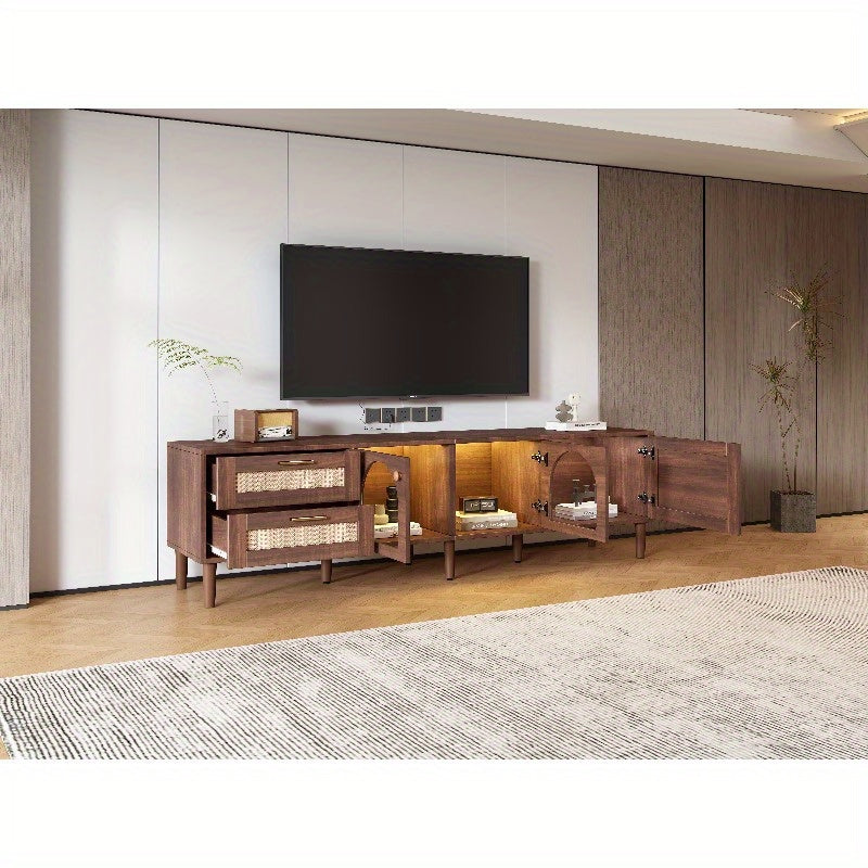 180cm TV Meubel – Tv Stand Living Room – Meubel Tv Met Rattan Lades – Tv Kast Met Glasdeuren – Entertainment Center – Metaal Frame – Stijlvol Design