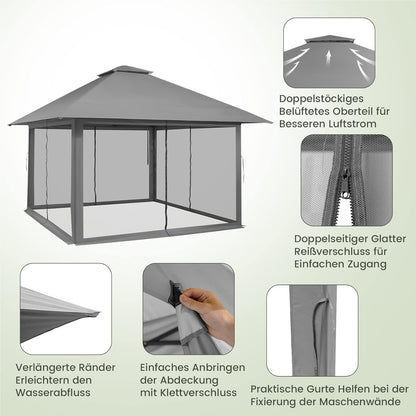 4x4m Pop-Up Vouwpaviljoen – Vouwtent – Tuinpaviljoen – Partytent – Schaduwdoek – UV Bescherming 50+ – Verstelbare Hoogte – Inclusief Draagtas Met Wieltjes – Grijs