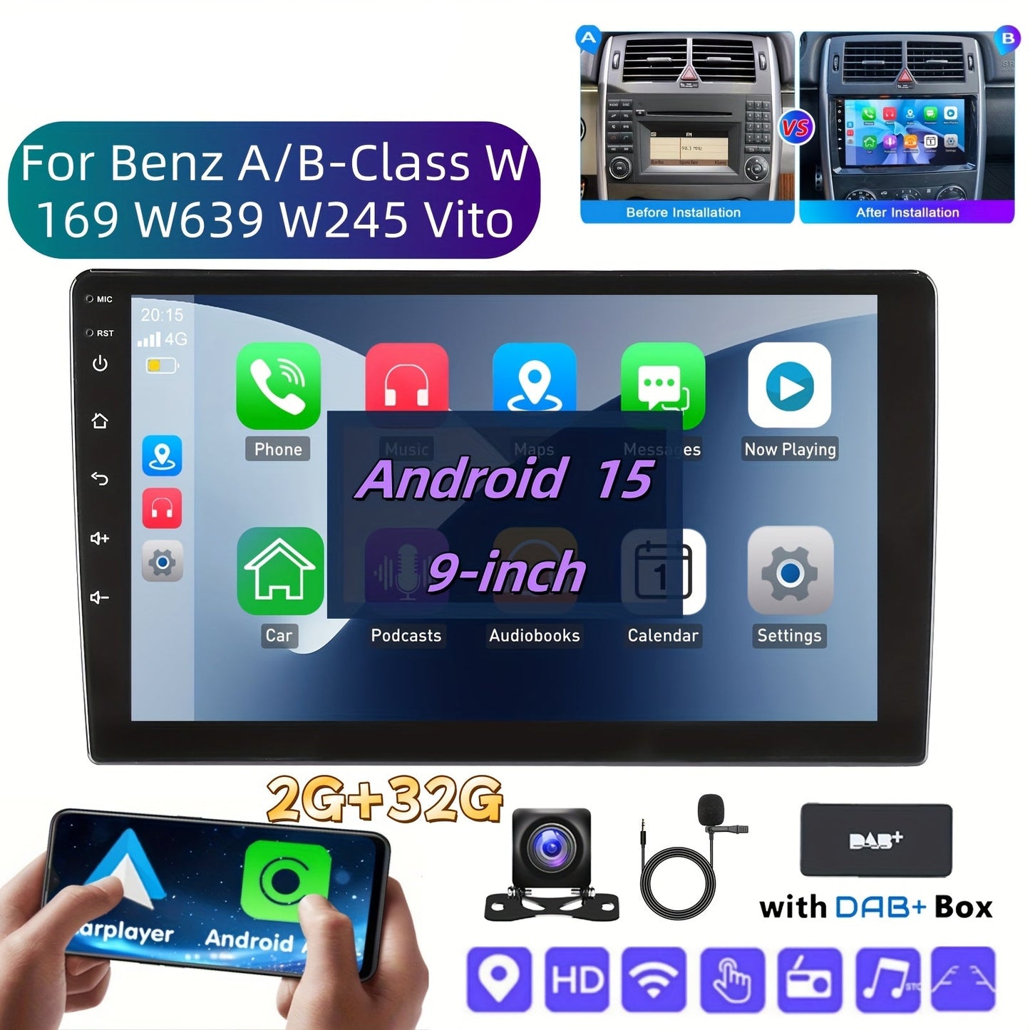 9 inch Autoradio – 2-DIN Multimedia Systeem – Android Navigatie – Draadloze CarPlay – Touchscreen Headunit – 2GB RAM + 32GB Opslag – HD IPS Scherm – AHD Achteruitrijcamera & DAB+ Tuner
