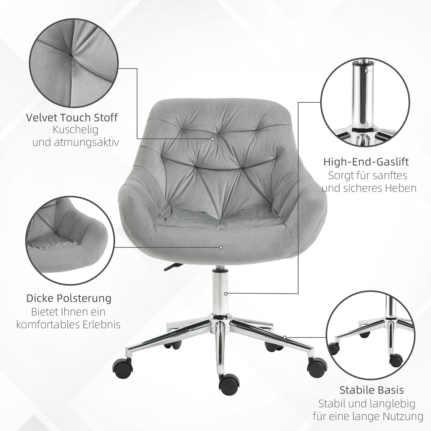 Bureaustoel – Kantoorstoel – Draaistoel – Gamestoel – Computerstoel – Verstelbare Zithoogte – Comfortabele Polyester Zitting – Grijs 59x58x80-90 cm