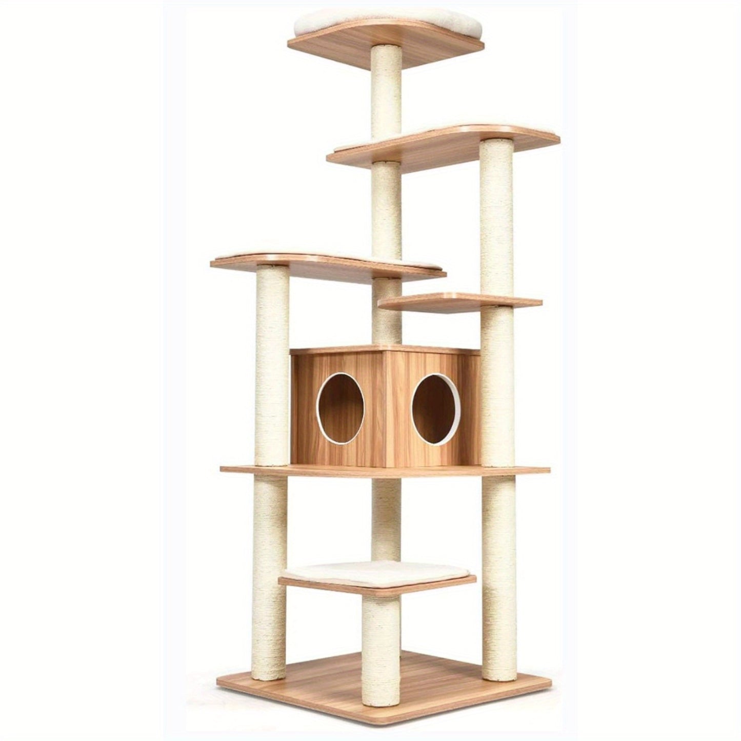 Krabpaal – Kattenboom – Kattenmeubel – Krabmeubel – Krabton – 7-laagse houten kattenboom – Sisal krabpalen en wasbare kussens – Retro bruin-beige design