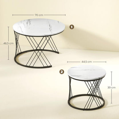 Salontafel – Woonkamertafel – Bijzettafel – Koffietafel – Patioset – Ronde Set Van 2 – Wit Spaanplaat Marmerlook – Metalen Geometrisch Onderstel
