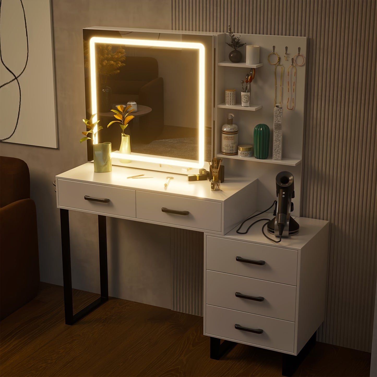 Make-up tafel – Kaptafel – Make-up bureau – Makeup organizer – Make-up kast – Wit – Schuifbare Spiegel – 5 Lades met Opbergruimte en Sieradenhaken