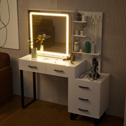 Make-up tafel – Kaptafel – Make-up bureau – Makeup organizer – Make-up kast – Wit – Schuifbare Spiegel – 5 Lades met Opbergruimte en Sieradenhaken