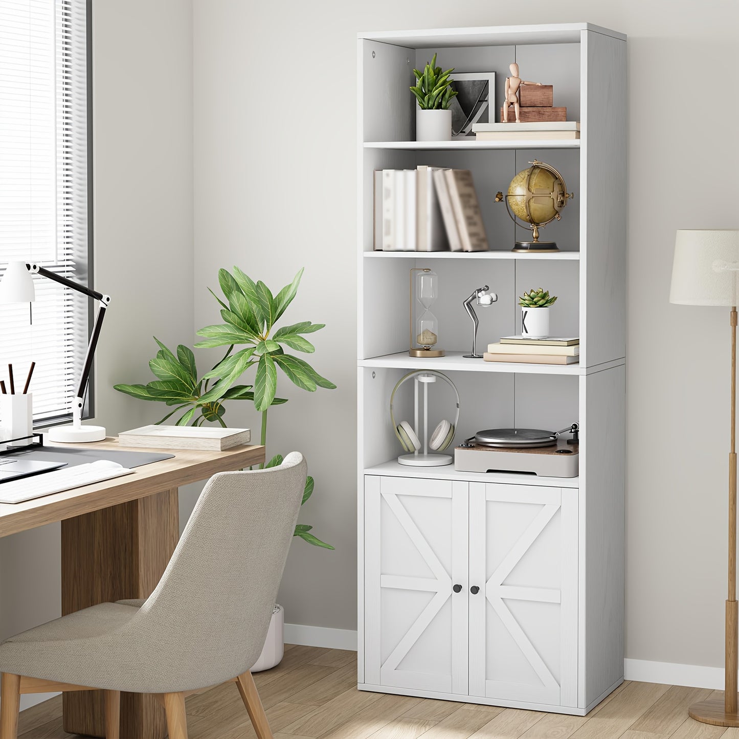 Industrial Farmhouse Bookcase with Doors - Extra Tall 181.36cm Tall Bookshelf, Heavy-Duty Hardwood Construction, No Assembly Needed, Modern Farmhouse Storage Cabinet with Doors for Living Room, Home Office, Bedroom - Space-Sa