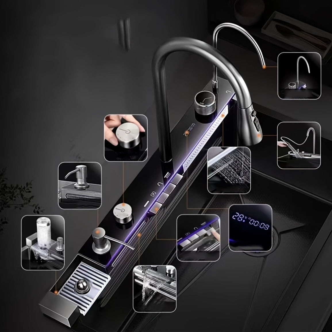 Keukenkraan – Keukenspoelbak – Spoelbak – Mengkraan – Waskraan – Roestvrijstaal – Dubbele Kom – Ondermontage – 3-in-1 Kraan Met LED Temperatuurdisplay – Modern Gunmetal Design