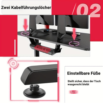 Gaming Bureau – Gaming Tafel – Game Desk – Computerbureau – PC Tafel – 160x75x75 cm – Carbon Fiber Muismat – Bekerhouder en Headsethaak