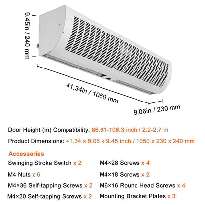 Luchtgordijn – Air Curtain – Luchtgordijn Voor Deur – Deurluchtgordijn – Binnenluchtgordijn – 1,1 Meter Breed – Krachtige Luchtstroom 2292m³/u – Twee Snelheidsstanden