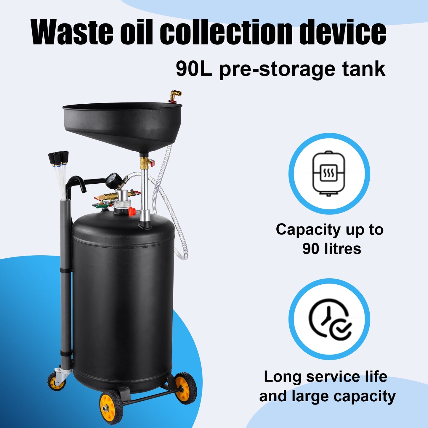 Portable 2-in-1 Used Oil Drain Oil Collector | 90 L Pneumatic Oil Drain, Adjustable Height, Stainless Steel, Equipped with Wheels, Black Color