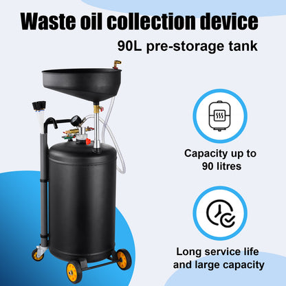 Portable 2-in-1 Used Oil Drain Oil Collector | 90 L Pneumatic Oil Drain, Adjustable Height, Stainless Steel, Equipped with Wheels, Black Color