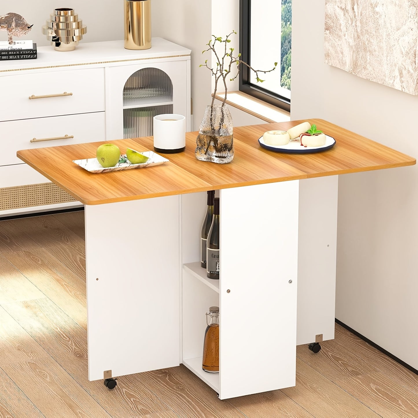 Inklapbare Eettafel – Opklapbare Tafel – Uitklapbare Tafel – Compacte Tafel – Verrijdbare Tafel – Met Wieltjes – Ruimtebesparend Ontwerp – Ingebouwde Opbergruimte – Wit Met Houten Accenten – 120x70x78 cm