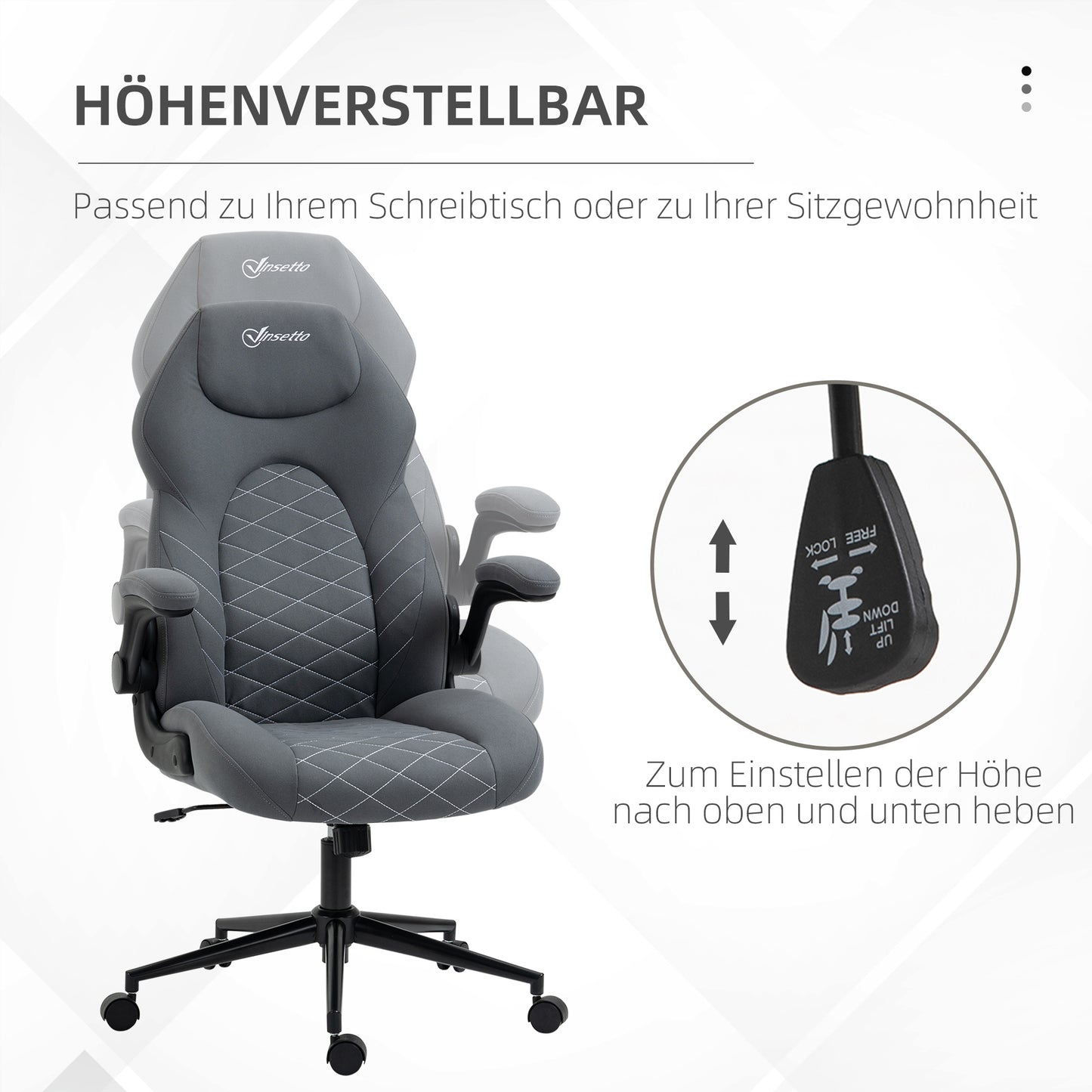 Bureaustoel – Ergonomische Stoel – Kantoorstoel – Draaistoel – Computerstoel – Verstelbare Zithoogte – Kantelfunctie – Microfiber Bekleding – Donkergrijs