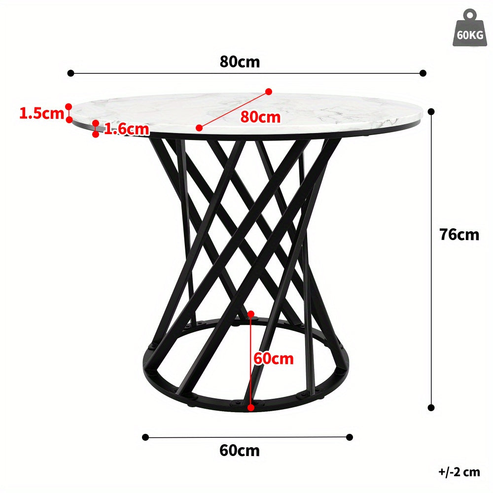 Ronde Eettafel – Ronde Tafel – Uitklapbare Tafel – Keukentafel – Koffietafel – Wit Marmerblad – Zwart Metalen Poten – Uitbreidbaar – 80×80×76 cm