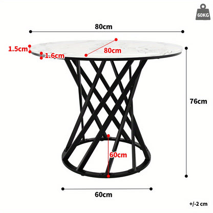 Ronde Eettafel – Ronde Tafel – Uitklapbare Tafel – Keukentafel – Koffietafel – Wit Marmerblad – Zwart Metalen Poten – Uitbreidbaar – 80×80×76 cm