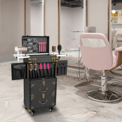Rolling Makeup Train Case – Koffer, Organizer, Make-up Trolley, Beauty Koffer – Zwart – Met Slot, Haarföhnhouder – Stevig PU Materiaal, 3 Vaks Indeling
