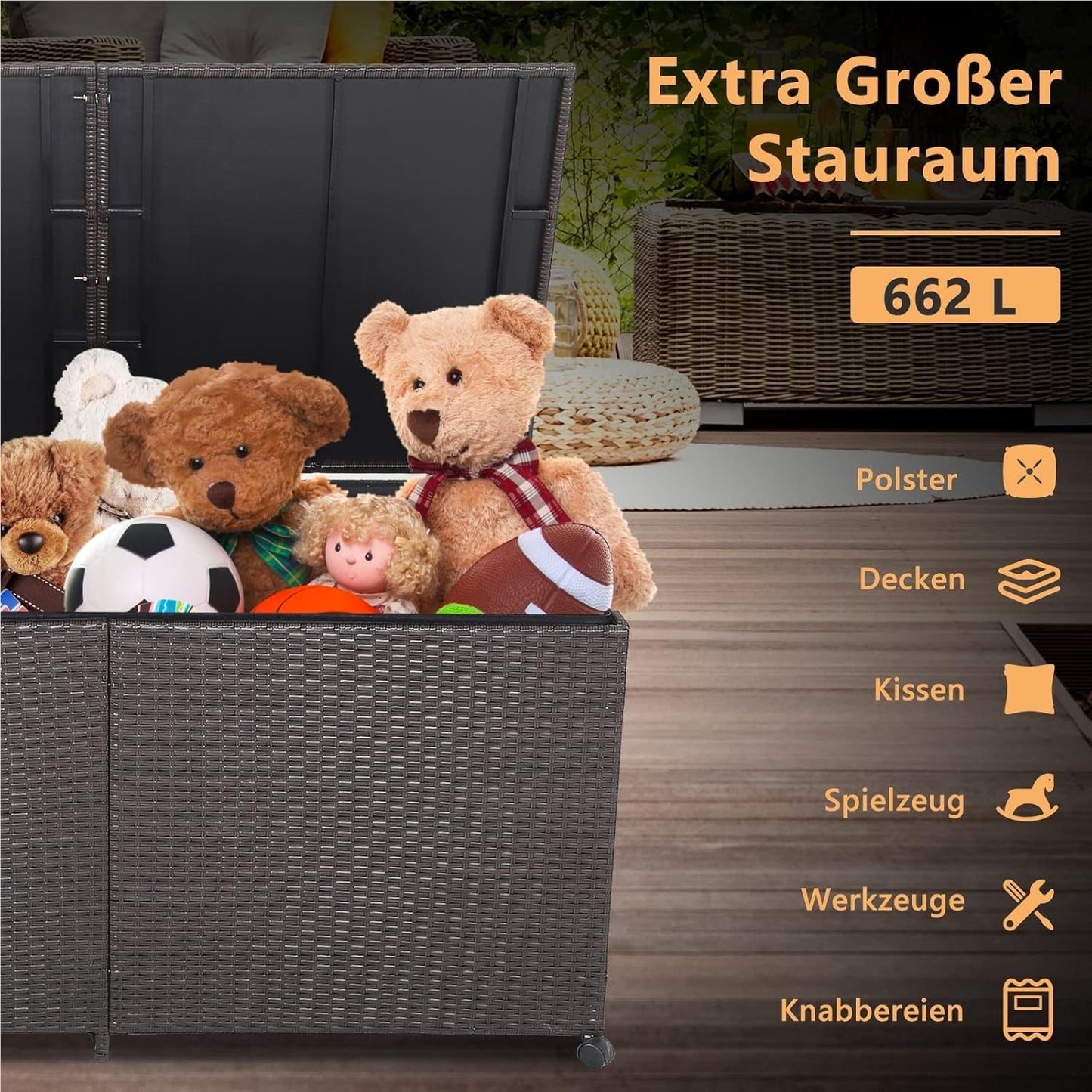Tuinkist – Opbergbox – Tuinbox – Tuinkist Met Wie – Opbergkist Metaal Rattan – 662L Inhoud – Weerbestendig Met Ritssluitinglen