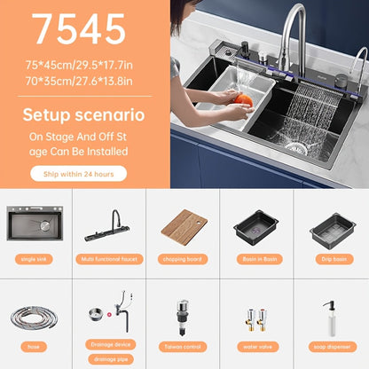 80×45cm Contemporary Rectangular Stainless Steel Kitchen Sink, Flying Rain Waterfall Effect, Right Side Draining with Pull-Down Tap and Cutting Board & Glass Rack Included Multiple Accessories Easy Installation Suitable for