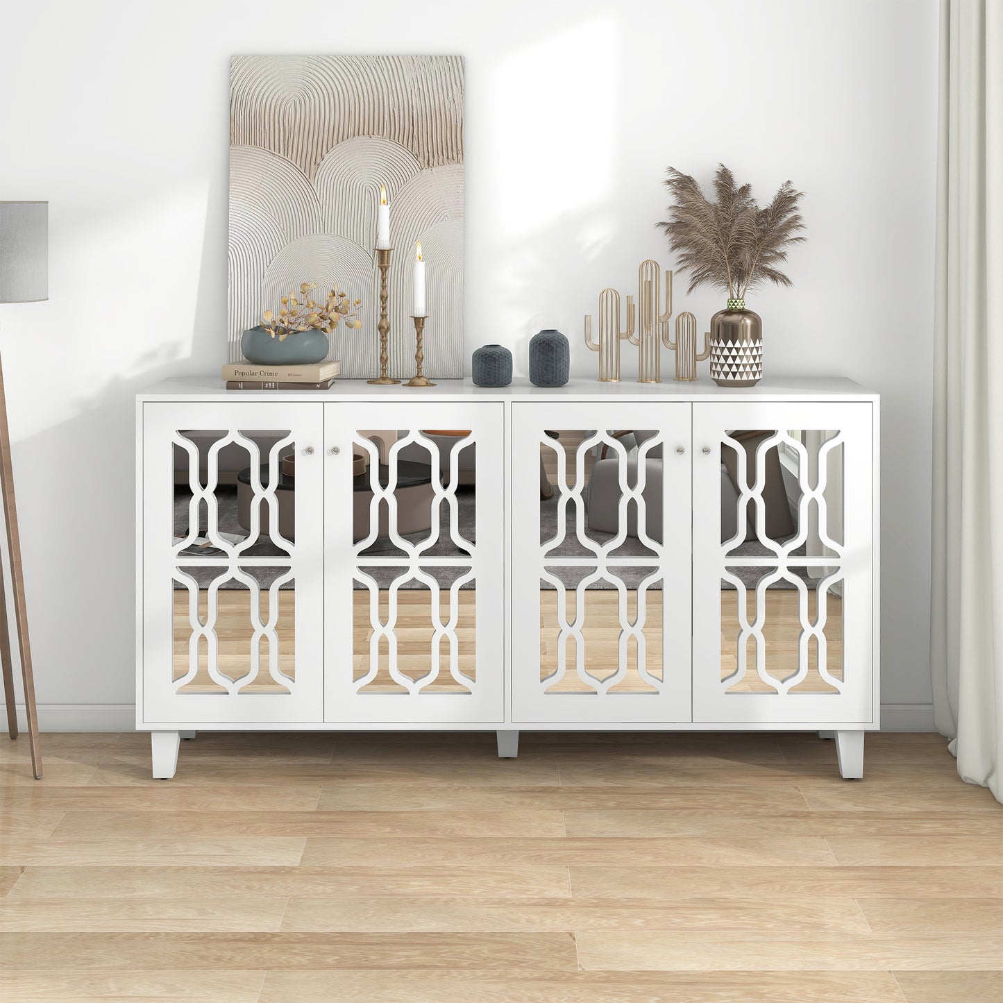 Sideboard – Dressoir – Kast – Opbergkast – Buffetkast – Wit Met Spiegeldeuren – Kristallen Handgrepen – 160x40x84 Cm – Verstelbare Binnenplank