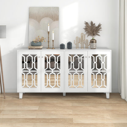Sideboard – Dressoir – Kast – Opbergkast – Buffetkast – Wit Met Spiegeldeuren – Kristallen Handgrepen – 160x40x84 Cm – Verstelbare Binnenplank