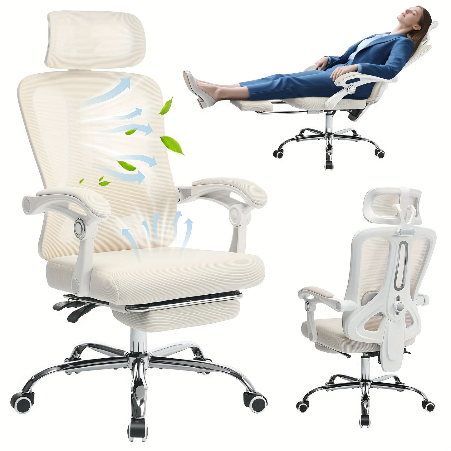 Ergonomic Office Chair with Footrest - Adjustable Lumbar & Headrest Support, High-Back Mesh Back Executive Desk Chair with 360° Swivel, PU & Footrest - Heavy-Duty Task Chair Suitable for & Office, Assembly Required