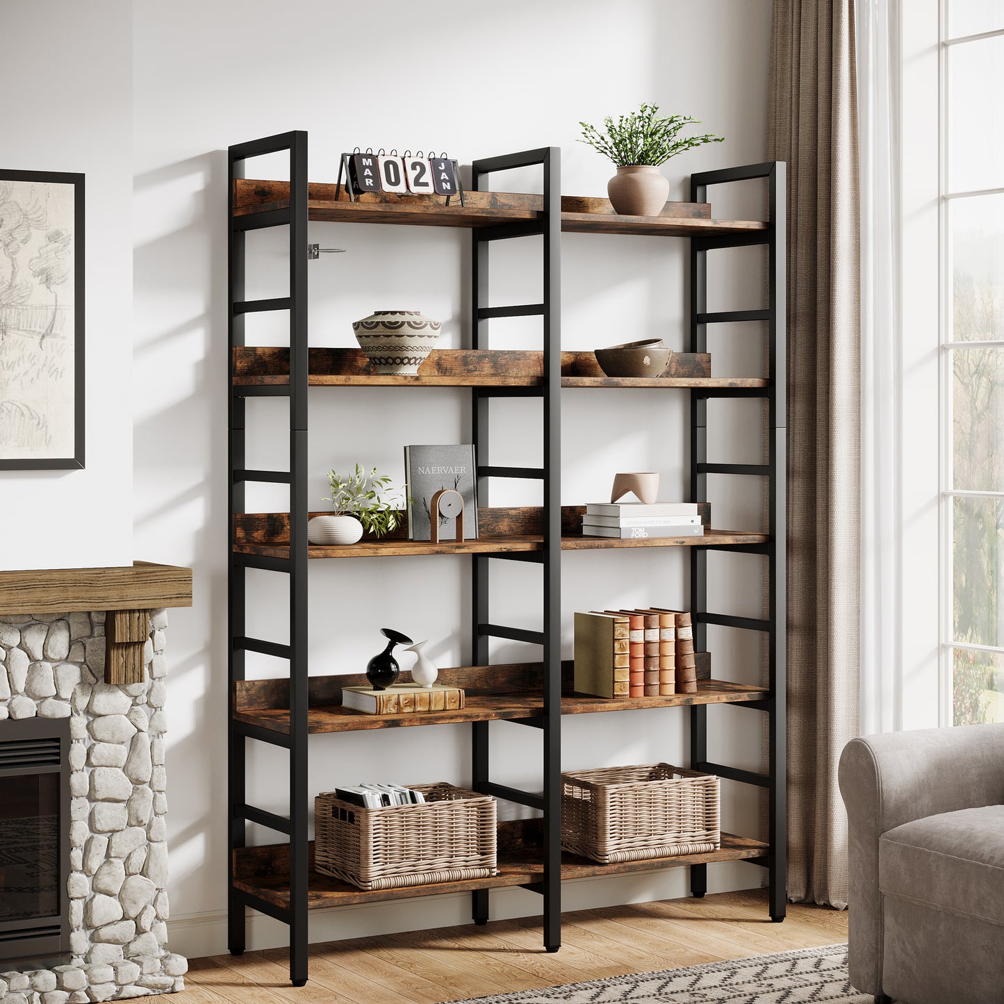 180.34cm Tall Industrial 5-Tier Freestanding Bookshelf | Wooden Shelves with Wide Open Spaces, Large Storage for Books, CDs, Garage Kits, Christmas Holiday Style, Suitable for Bedroom, Living Room, Office - BYBLIGHT