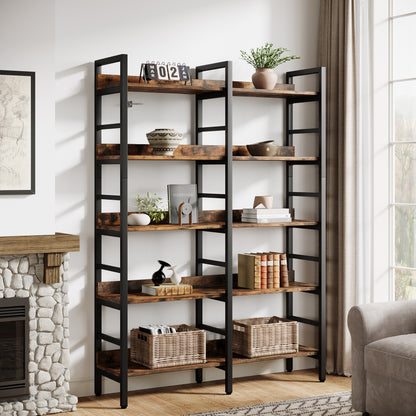 180.34cm Tall Industrial 5-Tier Freestanding Bookshelf | Wooden Shelves with Wide Open Spaces, Large Storage for Books, CDs, Garage Kits, Christmas Holiday Style, Suitable for Bedroom, Living Room, Office - BYBLIGHT