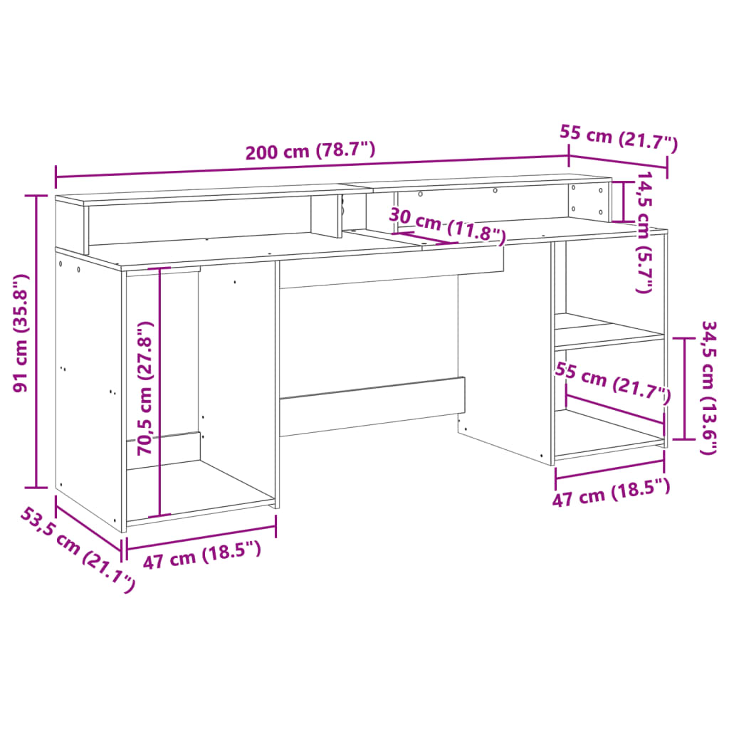 Bureau – Tafel – Werkplek – Schrijftafel – Computerbureau – Zwarte Eik – RGB LED Verlichting – Ruime Opbergruimte 200x55x91 cm