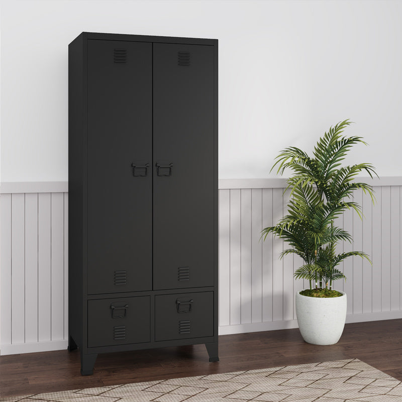 Stalen Kledingkast – Garderobekast – Kledingkast Met Laden – Opbergkast – Industrieel – 180x90x40 cm – 2 Laden – Ventilatiesleuven