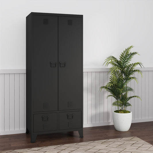 Stalen Kledingkast – Garderobekast – Kledingkast Met Laden – Opbergkast – Industrieel – 180x90x40 cm – 2 Laden – Ventilatiesleuven