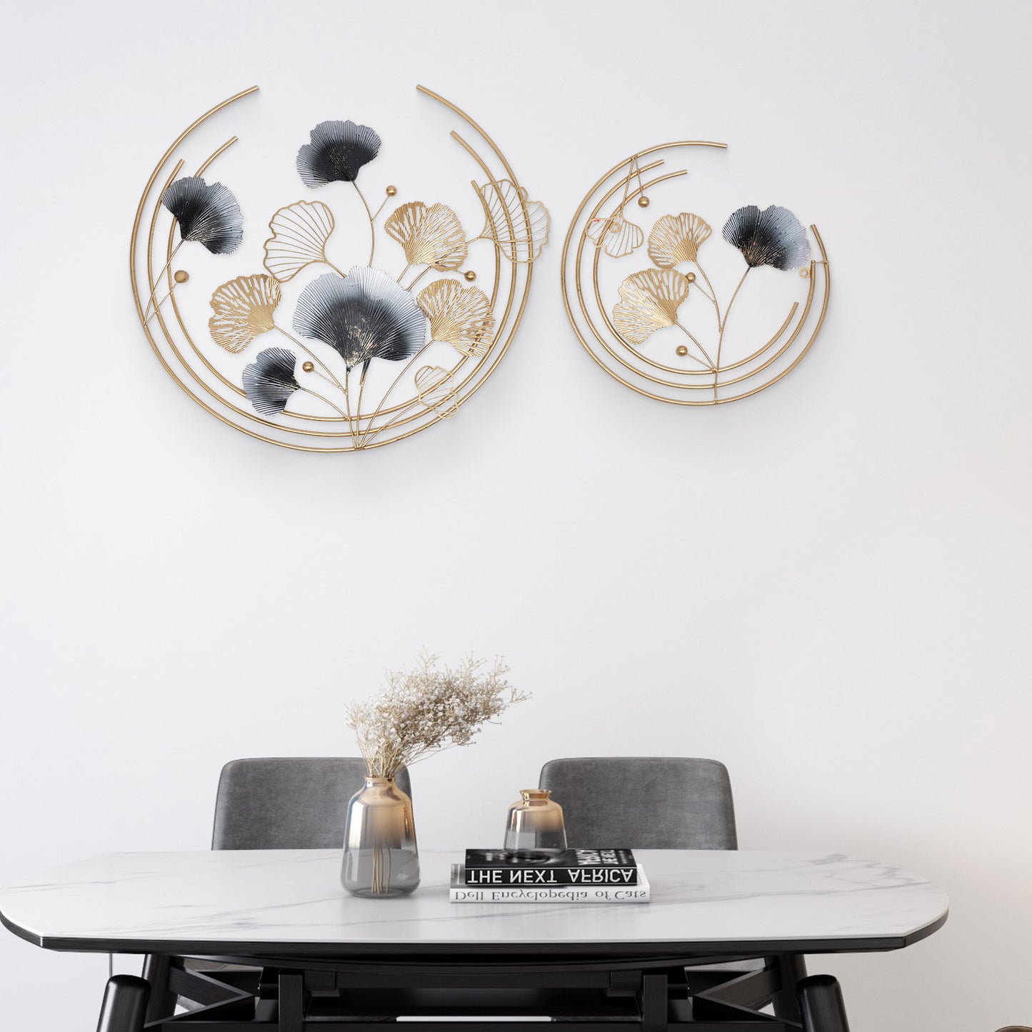 Muurdecoratie – Wanddecoratie – Wandbord – Wandkunst – Wandversiering – Gouden 3D Metalen Design – Set Groot 69cm & Klein 47cm
