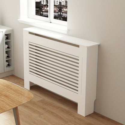 Radiatorombouw – Radiatorkast – Verwarmingsdeksel – Radiatorbekleding – Radiatorafdekking – Wit Houten Design – 100 cm Hoog – 3,2 Cu Ft Opbergruimte – Ventilerend Lamellenpatroon