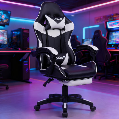 Gamingstoel – Gamestoel – Gaming Chair – Game Stoel – Bureaustoel – Ergonomisch Design – Verstelbare Lendensteun & Neksteun – Zwart-Wit