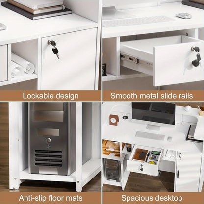 Modern Reception Desk with A Large Work Surface, 100cm X 120cm X 50cm, Featuring Lockable Drawers And Shelves, Suitable for Offices, Salons, Shops, Or Hotels