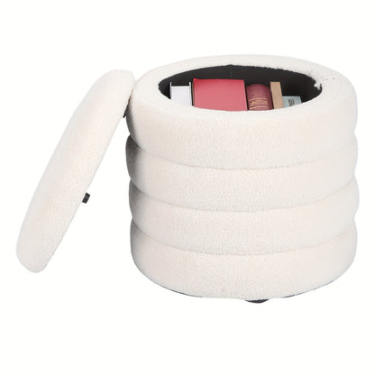 Opberg Poef – Opbergkruk – Zitkist – Hocker – Opbergbox – Rond – Wit – Polyester Bekleding – Flip-Top Deksel – Compact & Multifunctioneel
