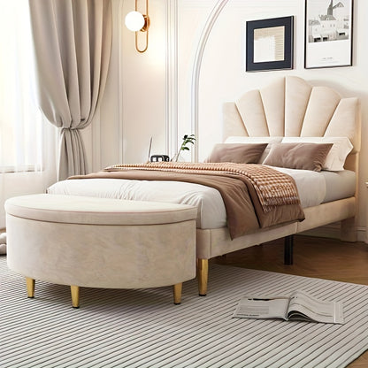 Opbergkoffer Bankje – Opbergkist Bank – Opbergbox Bankje – Schoenenbank – Halbank – Beige Velvet Bekleding – 90x40x42 cm – Metalen Pootjes