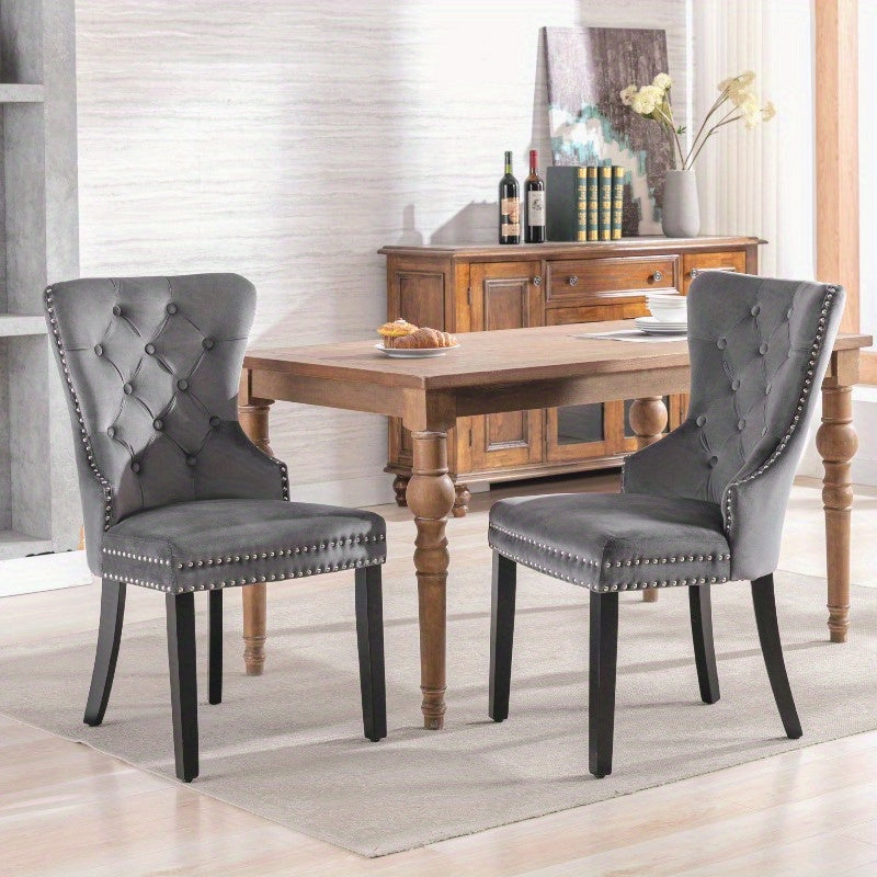 Eetkamerstoelen – Stoel – Keukenstoel – Dining Chair – Zitmeubel – Vintage Grijs Gestoffeerd – Knopenrug & Spijkerbeslag – Veerkrachtige Donsvulling & Stevige Metalen Poten