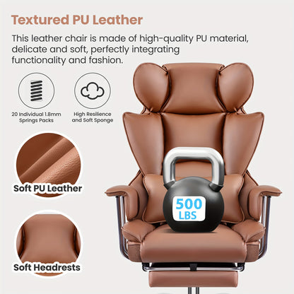 Ergonomische Bureaustoel – Bureaustoel Met Voetensteun – Werkstoel – Gamestoel – Lendensteun – Verstelbare Rugleuning – Kunstleer - Bruin