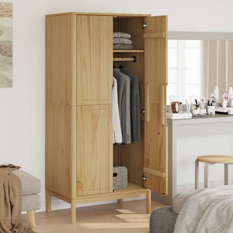 Vrijstaande Kledingkast – Garderobekast – Opbergkast – Kledingopberger – Houten Kast – Massief Grenenhout – Bruin Gewassen Afwerking – Compact 77x53x171 cm