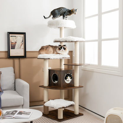 Krabpaal – Kattenboom – Krabmeubel – Klimmeubel – Kattenhuis – 175 cm Hoog – 6 Niveaus Met Kattenhol En Wasbare Matten