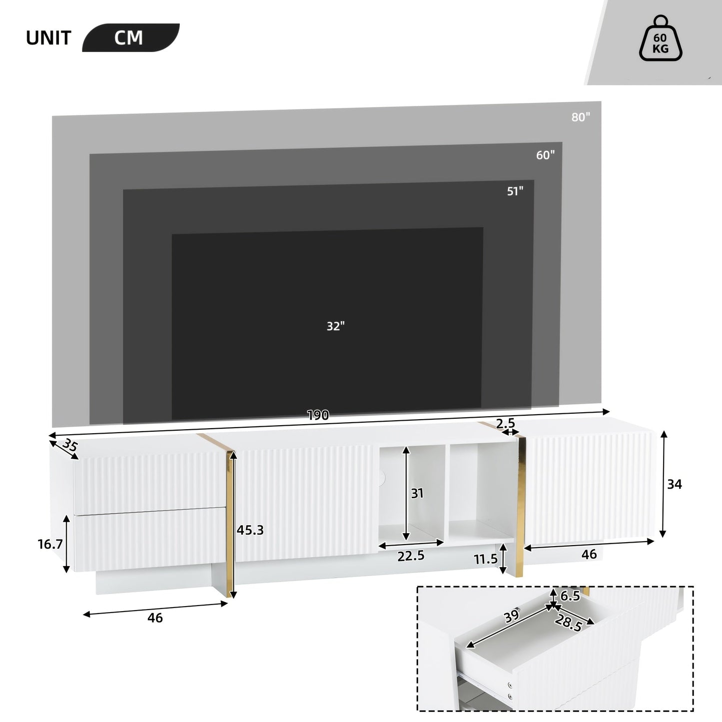 TV-Meubel – Tv Kast – Mediameubel – Entertainmentmeubel – Tv Console – Modern Wit Met Gele Accenten – Geschikt Voor Tv’s Tot 80 Inch – Ruime Opbergruimte 190x35x45,5 cm