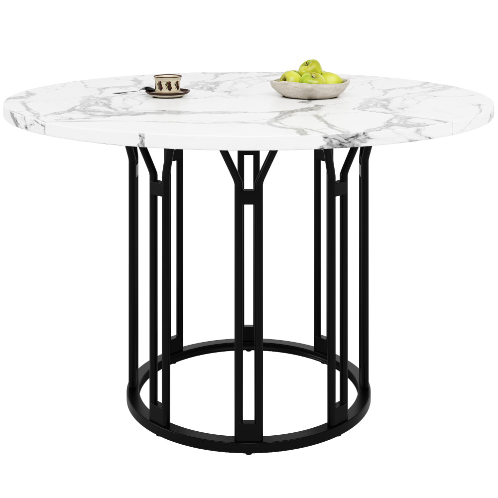 Ronde Eettafel – Ronde Tafel – Keukentafel – Ontbijttafel – Eettafel Zwart Metaal – Marmerlook MDF Blad – Verstelbare Voeten – 100 cm Diameter