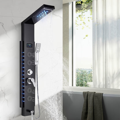 Stainless Steel Shower Column Shower Tower with Shower Mixer Tap, 7 Shower Modes:Rain And Waterfall Shower, 4 Body Massage Jets, 3 Modes Handheld Shower And Bathtub Spout, Brushed Nickel Shower Panel, Shower Sets For Bathroom