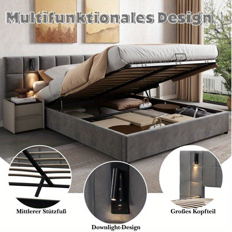 Uitschuifbed – Opbergbed – Bed Met Opbergruimte – Slaapbed – Velours Bed – 180x200cm – Hydraulische Opbergruimte – Verstelbare Lamp