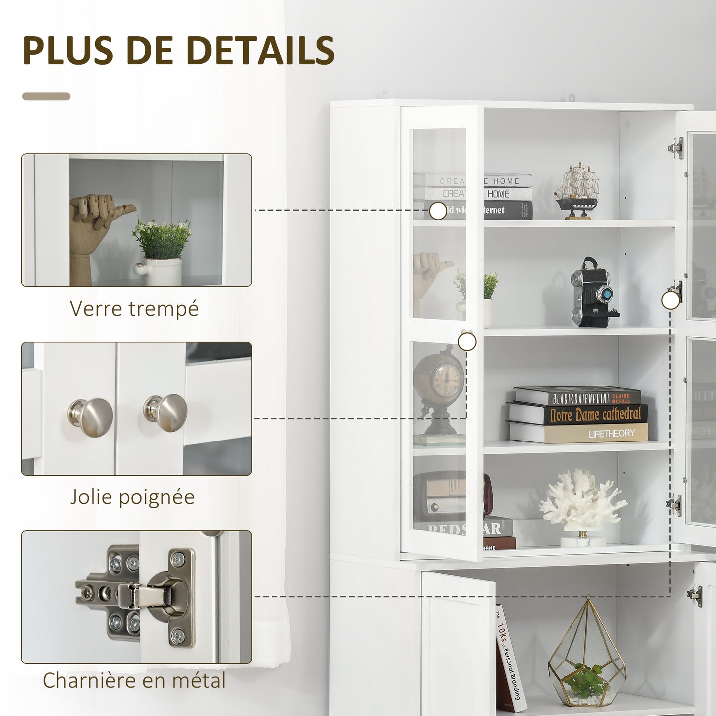 Boekenkast – Boekenrek – Opbergkast – Vitrinekast – Kast – 2 Glazen Deuren – 4 Verstelbare Legplanken – Wit MDF