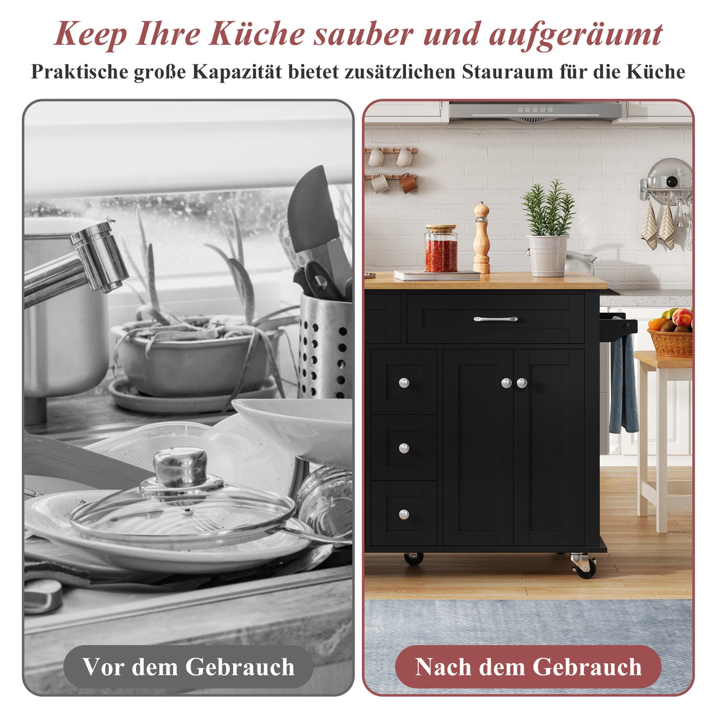 Keukenwagen – Servierwagen – Werktafel – Kantoorwagen – Opbergwagen – Uitklapbaar Werkblad 120×65 cm – 5 Lades & 2 Kasten
